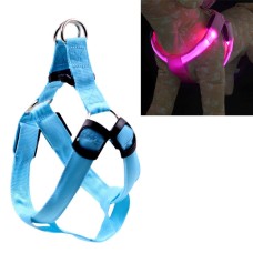 חגורת חזה ניילון עם תאורת LED דו צדדית ורצועת משיכה לחתולים וכלבים, גודל: S (כחול)