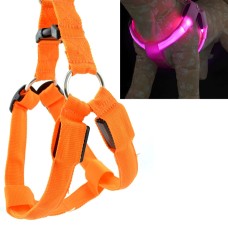 חגורת חזה ניילון עם תאורת LED דו צדדית ורצועת משיכה לחתולים וכלבים, גודל: M (כתום)