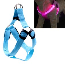 חגורת חזה ניילון עם תאורת LED דו צדדית ורצועת משיכה לחתולים וכלבים, גודל: M (כחול)