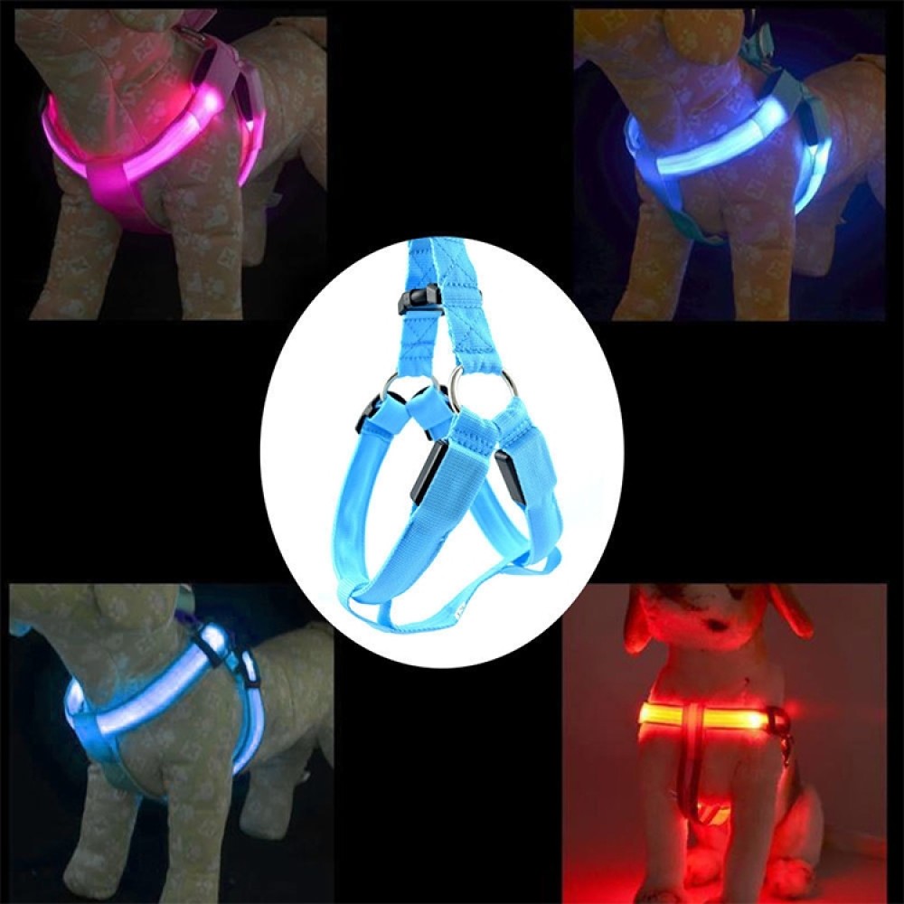 חגורת חזה ניילון עם תאורת LED דו צדדית ורצועת משיכה לחתולים וכלבים, גודל: M (כחול)
